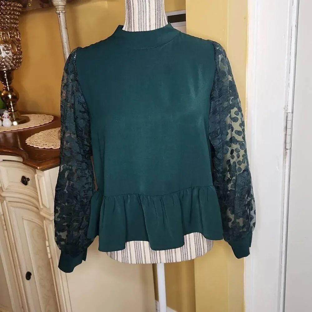 Zara green mock neck organza top women's size L